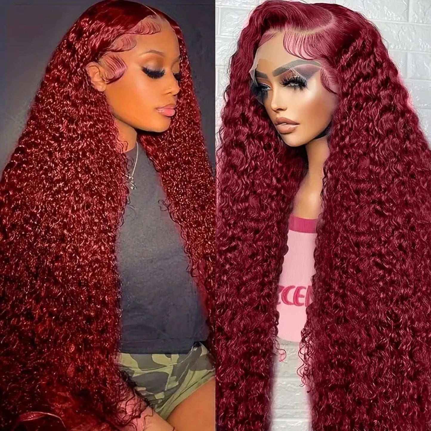 32-Inch Water Wave Red Human Hair Wig - 99J Burgundy Lace Front | Deep Wave 13x6 HD Curly Wig for Women