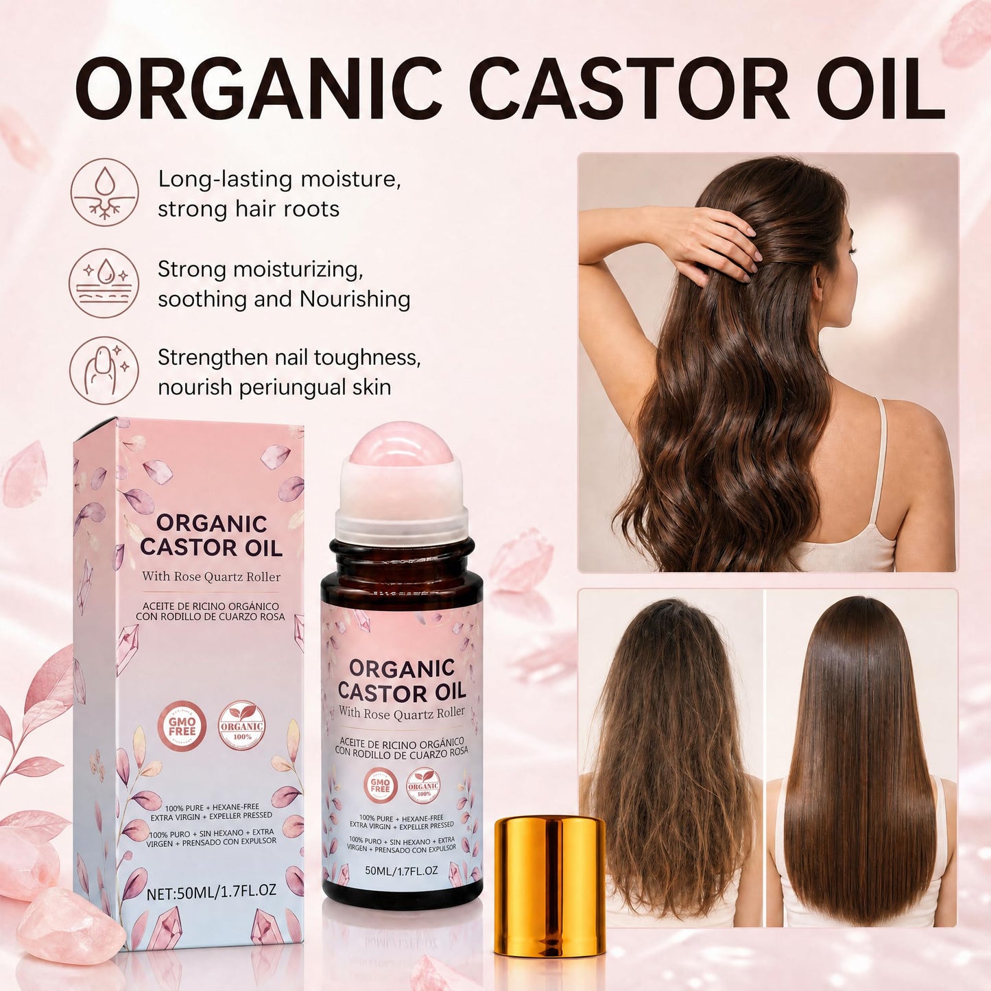Narvokey Organic Castor Oil Roll On with Rose Quartz Roller, 100% Cold Pressed, Hexane-Free, for Face, Body, Hair, and Eyebrows (1)