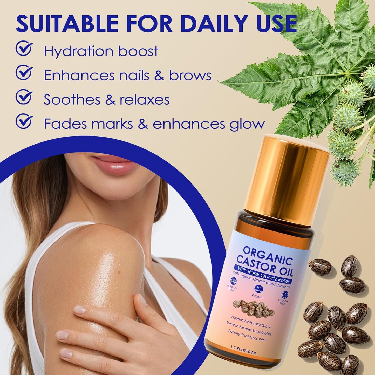 Castor Oil Rose Quartz Roller - 100% Pure Cold-Pressed Oil for Hair Growth, Eyelashes & Skin Care | 1 oz