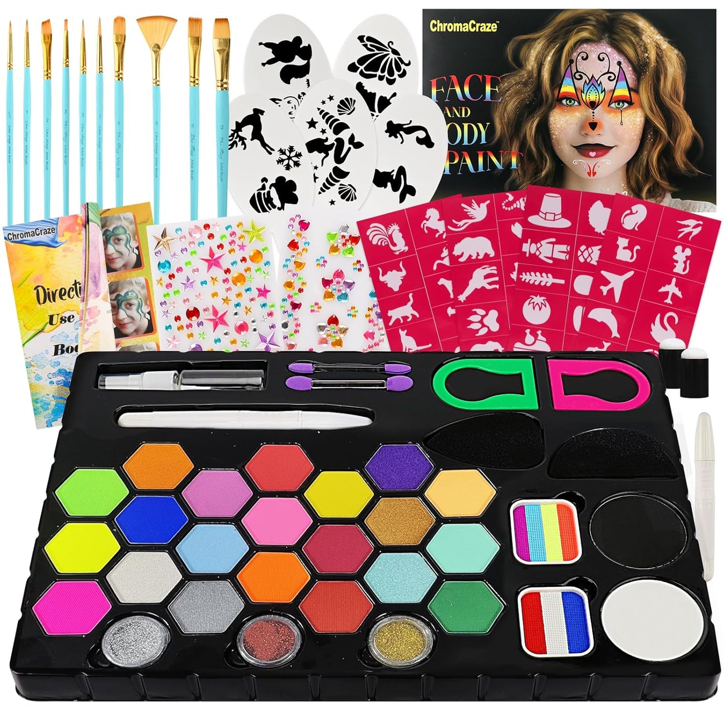 Face Painting Kit - 24 Color Water-Based Non-Toxic Paint Set with Brushes & Stencils | Ideal for Parties, Halloween & Birthdays