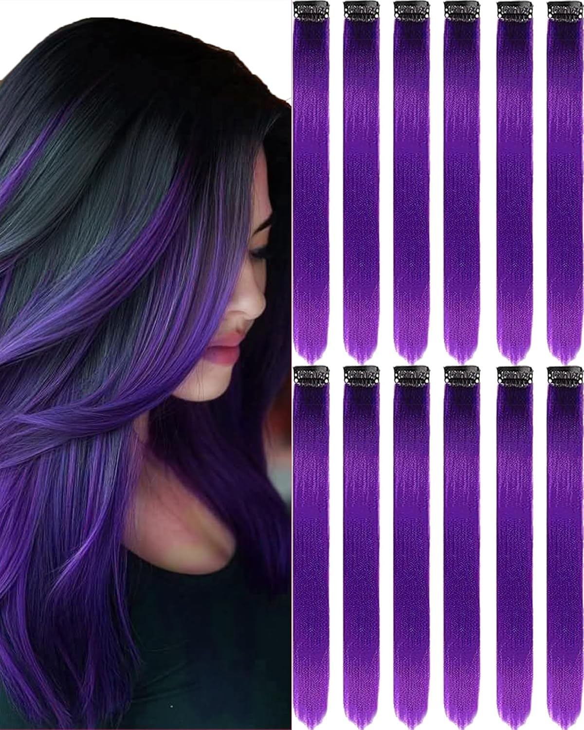 Clip-In Black Hair Extensions - 22 Inch Long Synthetic Hairpieces for Women | Party Highlights