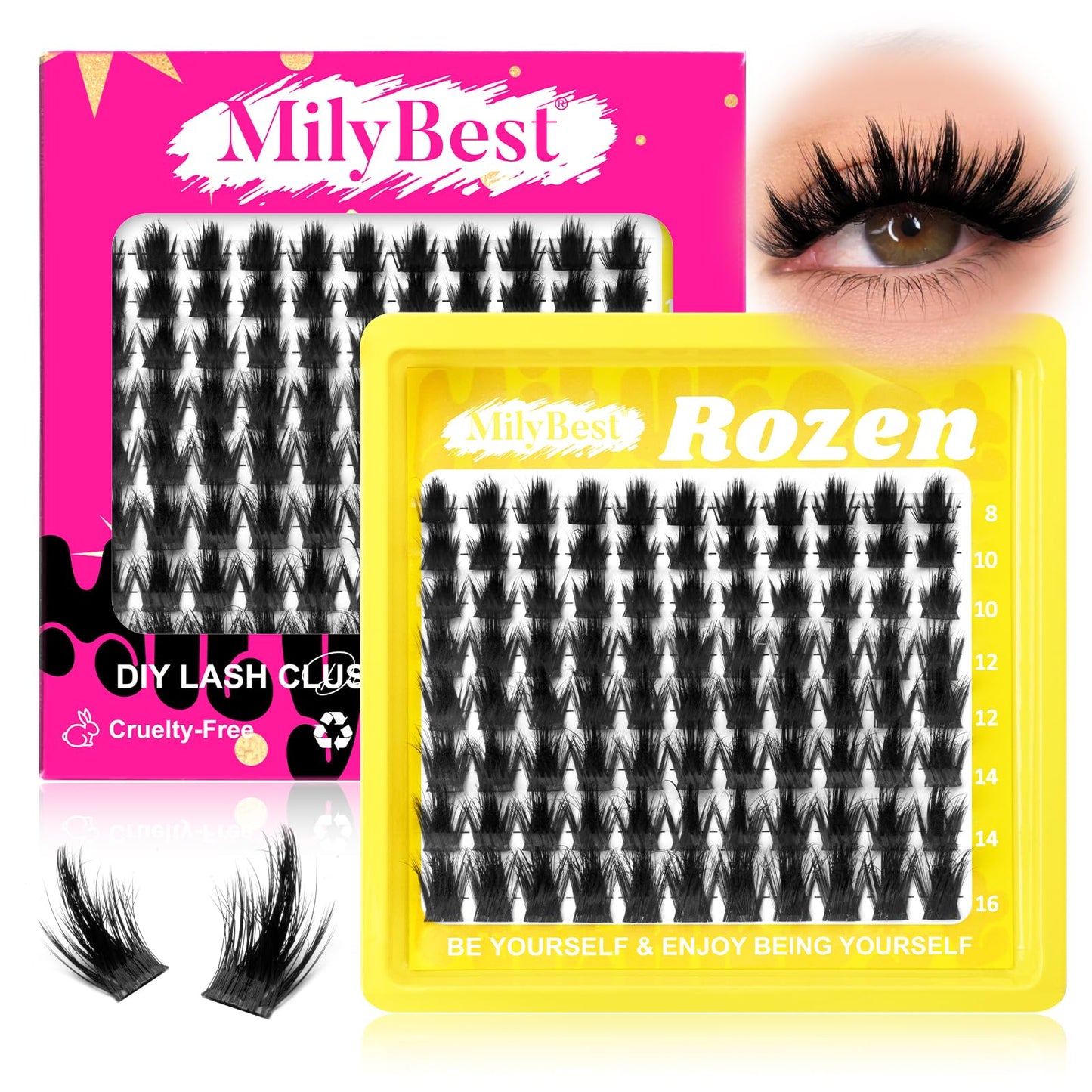 MilyBest Rozen Lash Clusters with Spikes, Fluffy Wispy Cluster Eyelash Extensions, 88pcs DIY Individual Lashes D Curl - Natural Volume to Fairy Glam, 8-16mm Eyelash Clusters