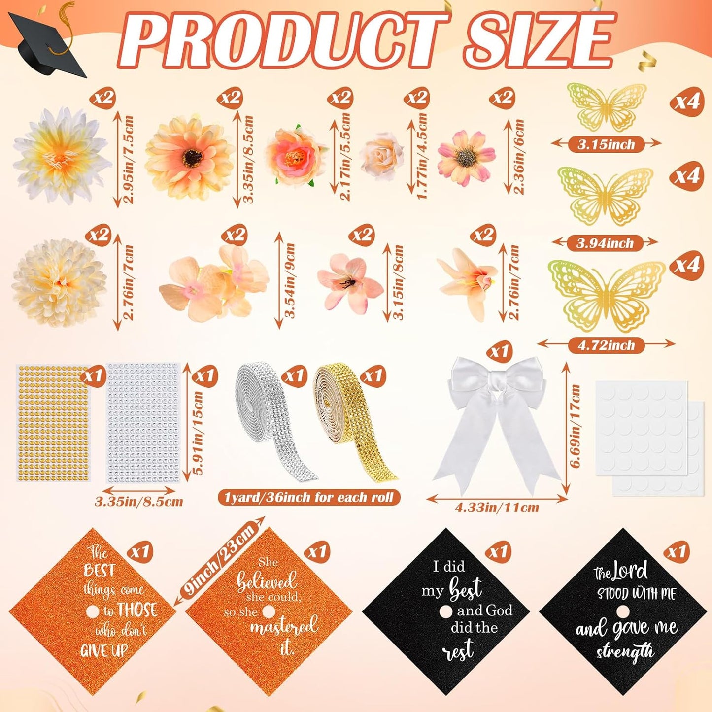 DIY Graduation Cap Decorations Kit - 40 Pcs with Flowers, 3D Butterflies & Rhinestones | Orange