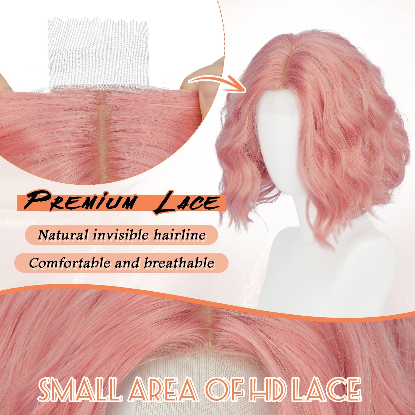 Haloo Pink Bob Wig for Women Lace Front Hairline Short Soft Wavy Curly Natural Looking Middle Part Synthetic Hair Wigs for Daily Party, 11 Inch