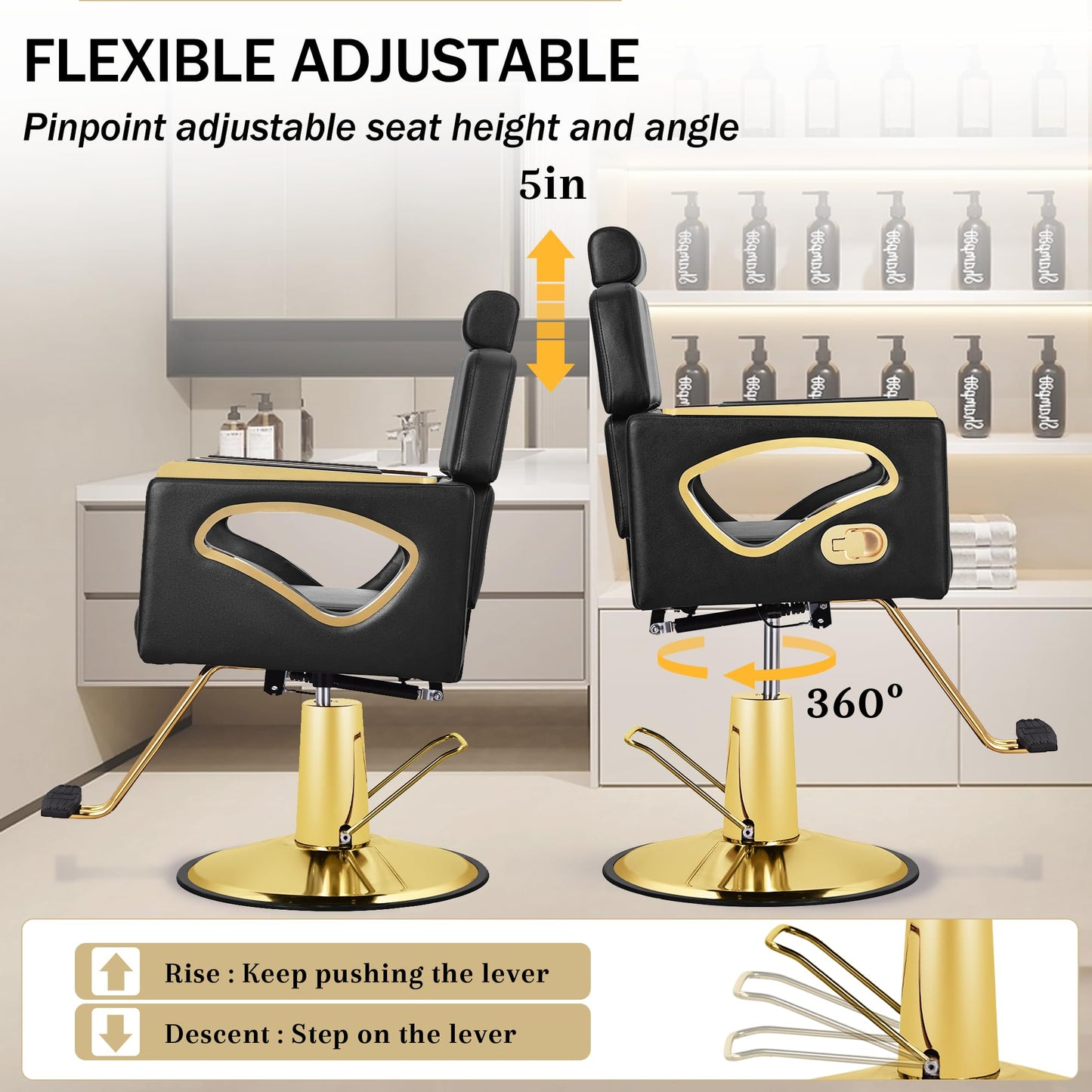 Black Salon Chair for Hair Stylist, Reclining Barber Chair for Barbershop with Hydraulic Pump, 360° Swivel Multi-Function Hair Styling Braiding Chair for Spa Shampoo Tattoo, Max Load Weight 440 Lbs