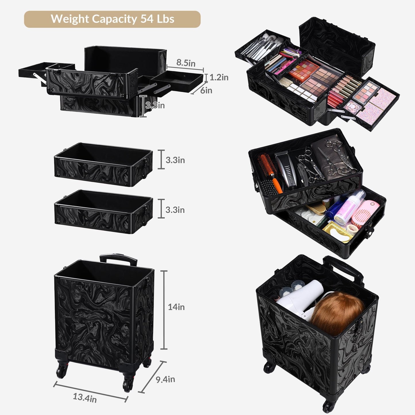 BYOOTIQUE 4in1 Rolling Makeup Train Case with 2 PCS Clear Cosmetic Toiletry Bag for Makeup Artist, CB Shadows