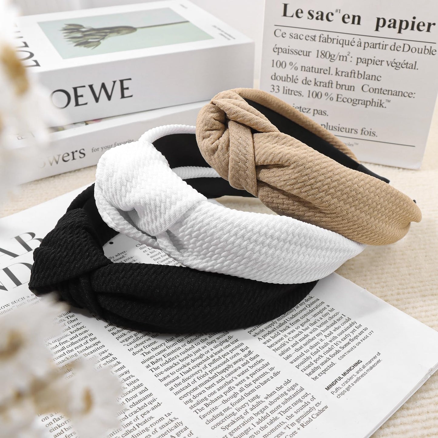 YanJie Knotted Headbands for Women and Girls Non Slip Hair Band Wide Bow Headband Fashion Waffle Head Band Hair Accessories Black and White 3PCS