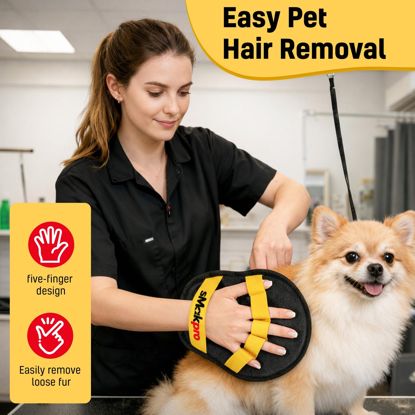 Smakpro Cat Hair Remover Gloves with 19" Adjustable Handle Brush - Five Finger Magic Gloves | Reusable Pet Fur Remover Mitt | Dog Hair Removal Electrostatic Tool for Lundry Carpet Bedding Clothes