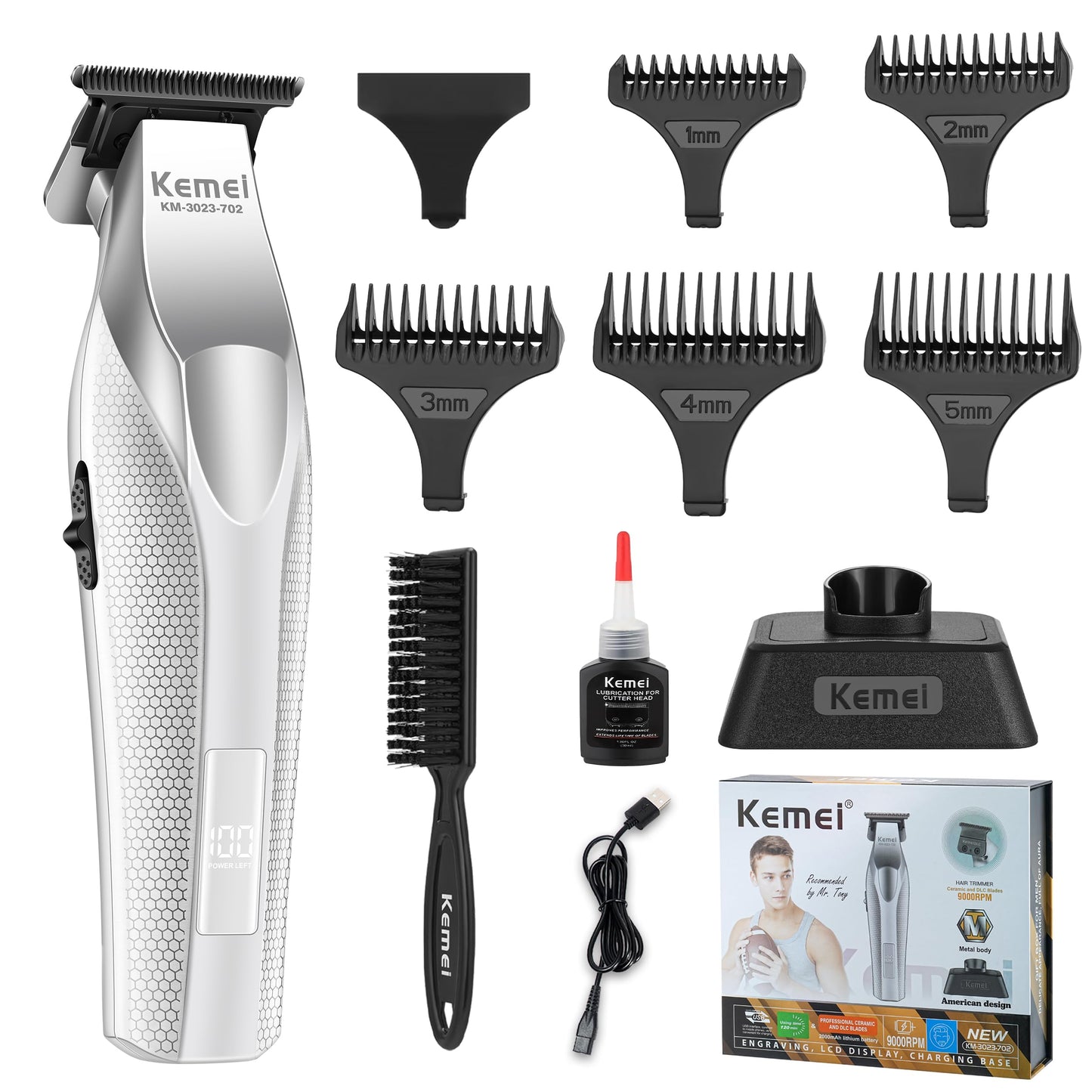 KEMEI Hair Trimmer for Men, Coldless Hair Clippers for Men Professional 9000 RPM Mens Hair Trimmer with LED Display Zero Gap Trimmers for Barbers Ceramic and DLC Blades KM-3023-702