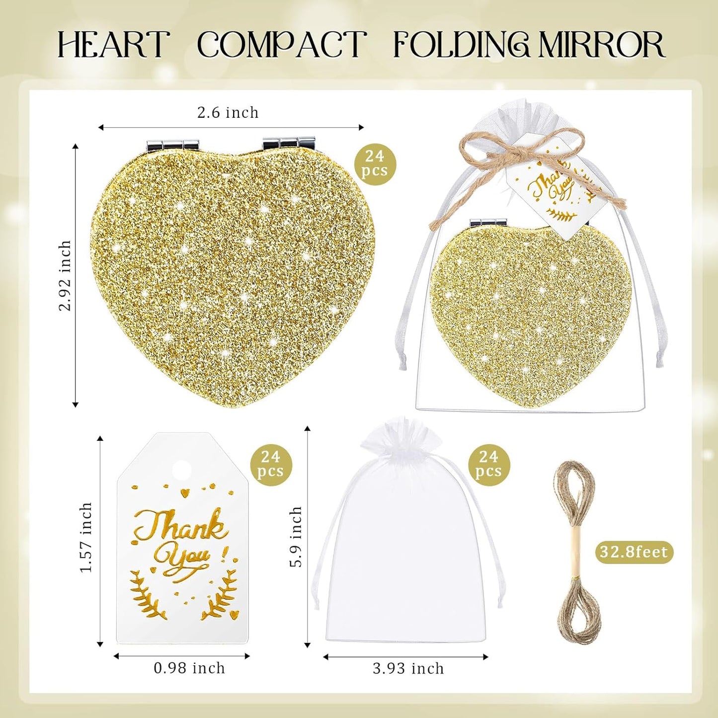 Heart Glitter Compact Mirror - Gold Magnifying 1x/2x PU Leather | Perfect Gift for Women, Bridal Showers & Weddings