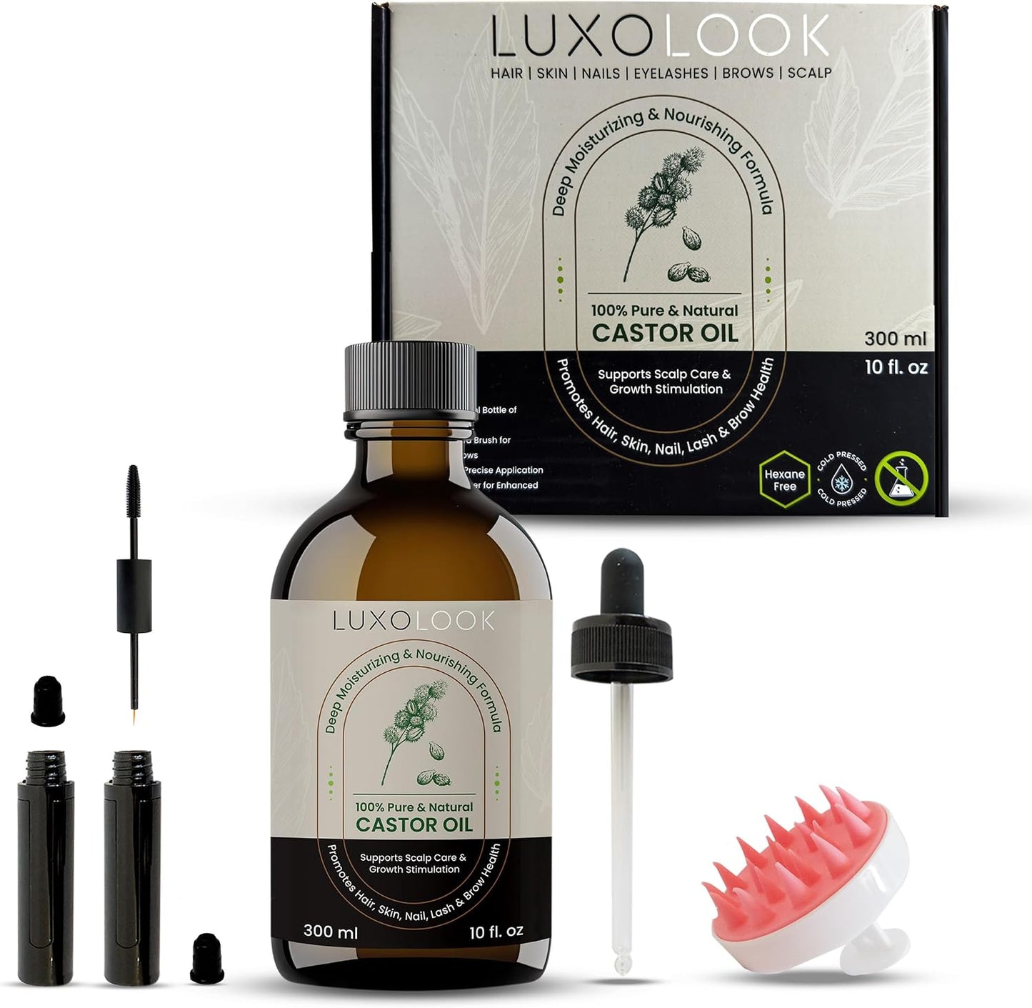 Pure Castor Oil 10oz - Cold Pressed Natural Oil for Hair Growth, Skin & Nails | Hexane Free, Unrefined with Dual Mascara & Dropper