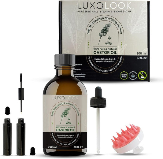 Pure Castor Oil 10oz - Cold Pressed Natural Oil for Hair Growth, Skin & Nails | Hexane Free, Unrefined with Dual Mascara & Dropper