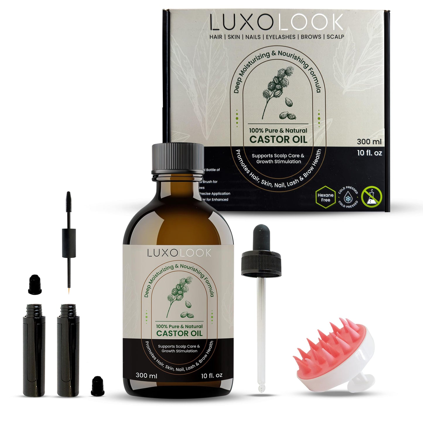 Pure Castor Oil (10oz) - Cold Pressed 100% Castor Oil for Hair Growth, Skin, Eyebrows, Eye Lashes, Nails & Cuticles - Hexane Free, Natural & Unrefined - Includes Dual Mascara, Dropper & LuxoLook