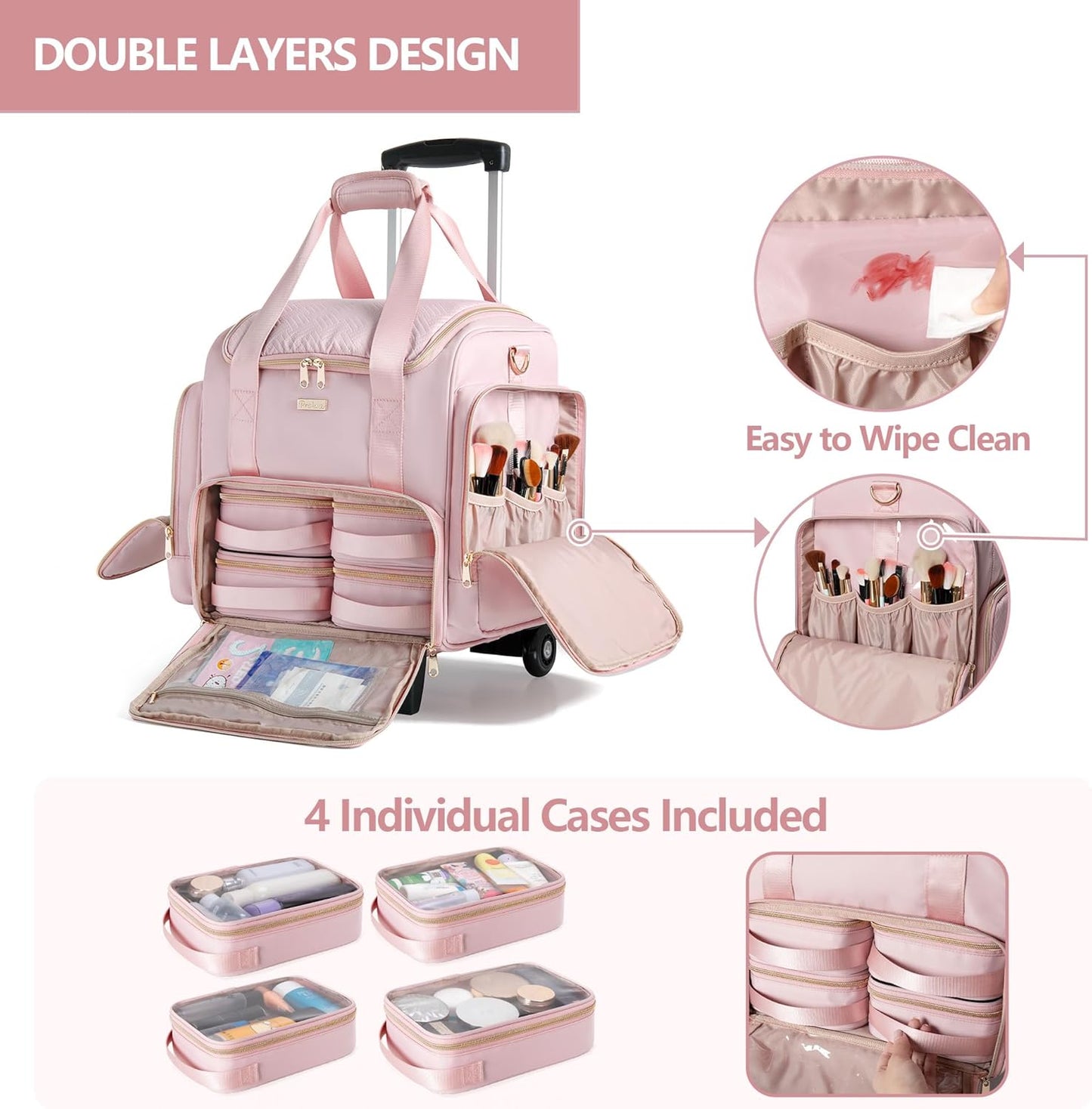 Rolling Makeup Case - Professional Makeup Train Case with 4 Removable Bags & Wheels | Pink Patent Design