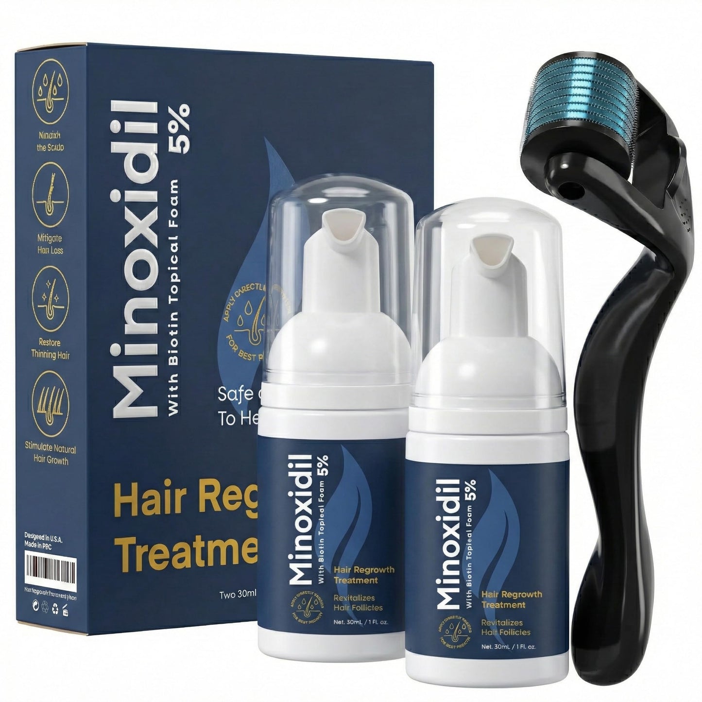 5% Minoxidil Foam for Men and Women: 2-Pack Travel Size 1oz Cans - Topical Hair Regrowth Treatment & Follicle Reactivator for Thinning Hair - Fast-Absorbing Recovery Kit - 1 Month Supply