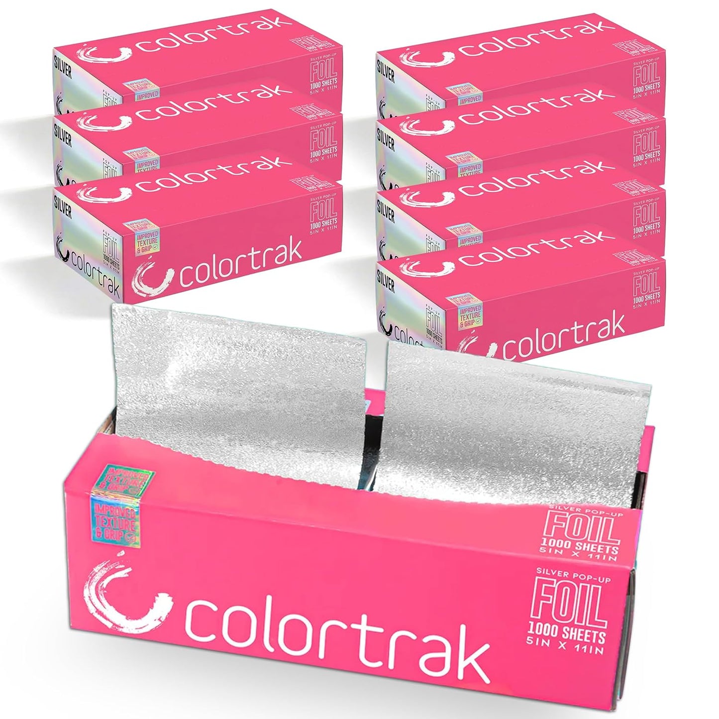 Colortrak Embossed Sheets Silver Aluminum Foil Pop-up Dispenser, 500 Pre-cut Sheets Non-slip Textured, for Hair Foil Coloring and Highlighting Applications Silver, 5 x 11