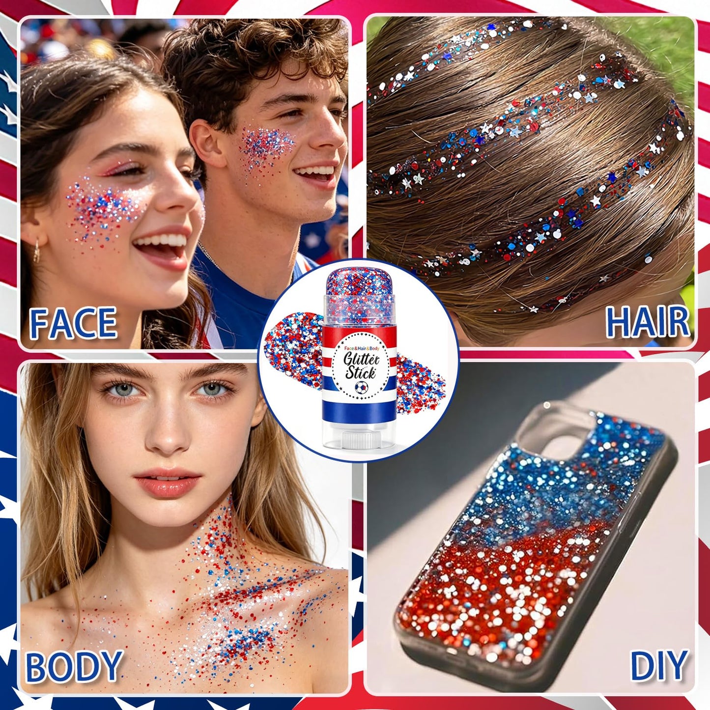 Patriotic 4th of July Glitter Stick,Sparkle Red White and Blue Face Hair Body Glitter,4th of July Outfits & Accessories for Women Kids,Waterproof Glitter Makeup for 250th Independence Day Anniversary