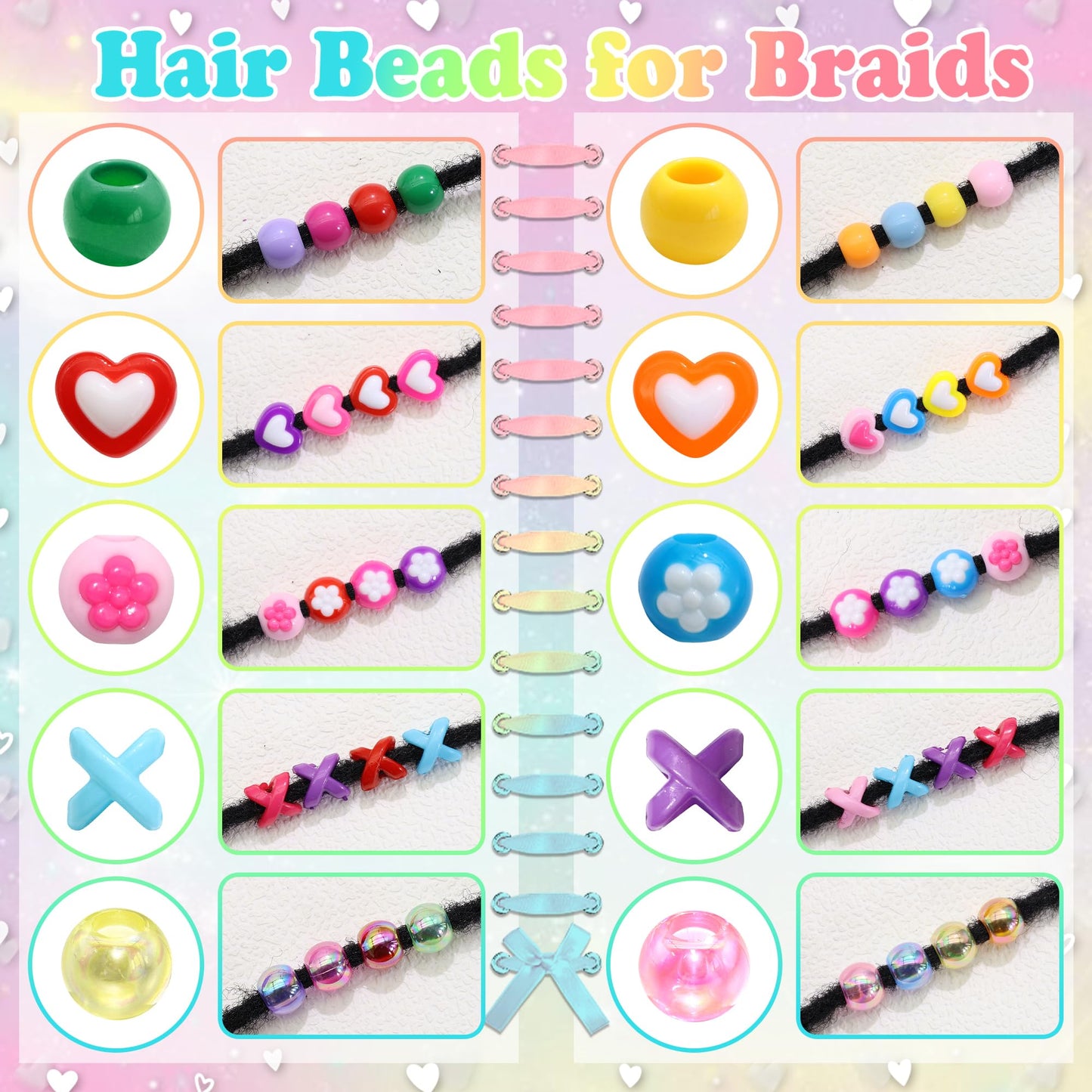 NAISKA 80PCS Colorful Braids Beads Cute Heart Flower Beads for Hair Braids Kids Random Pony Bead Set Acrylic Loc Dreadlock Jewelry Accessories for Girls