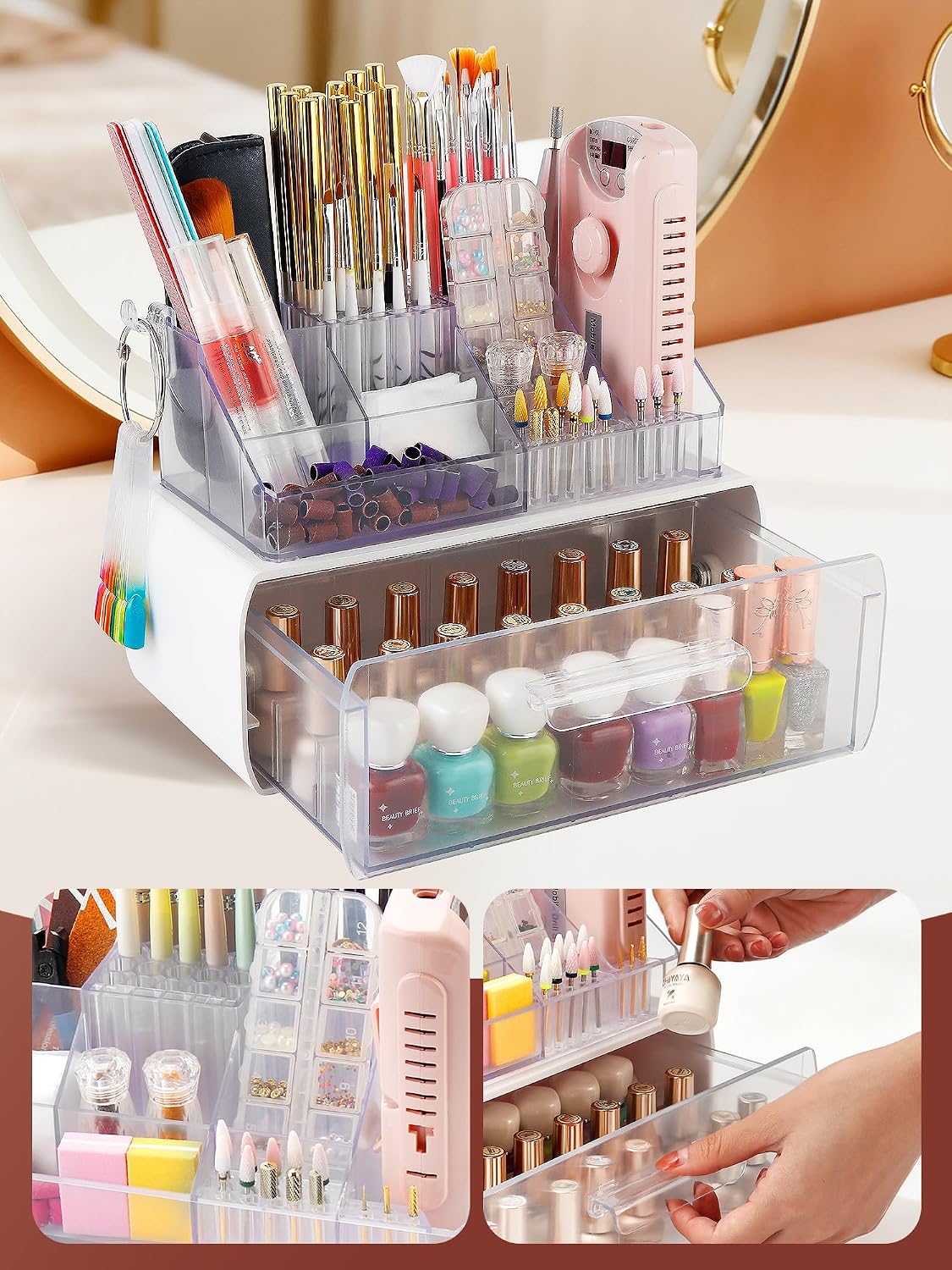 Nail Drill Holder with Drawer - Acrylic Makeup Organizer Case for Nail Bits | Beauty Storage Box for Dresser & Vanity