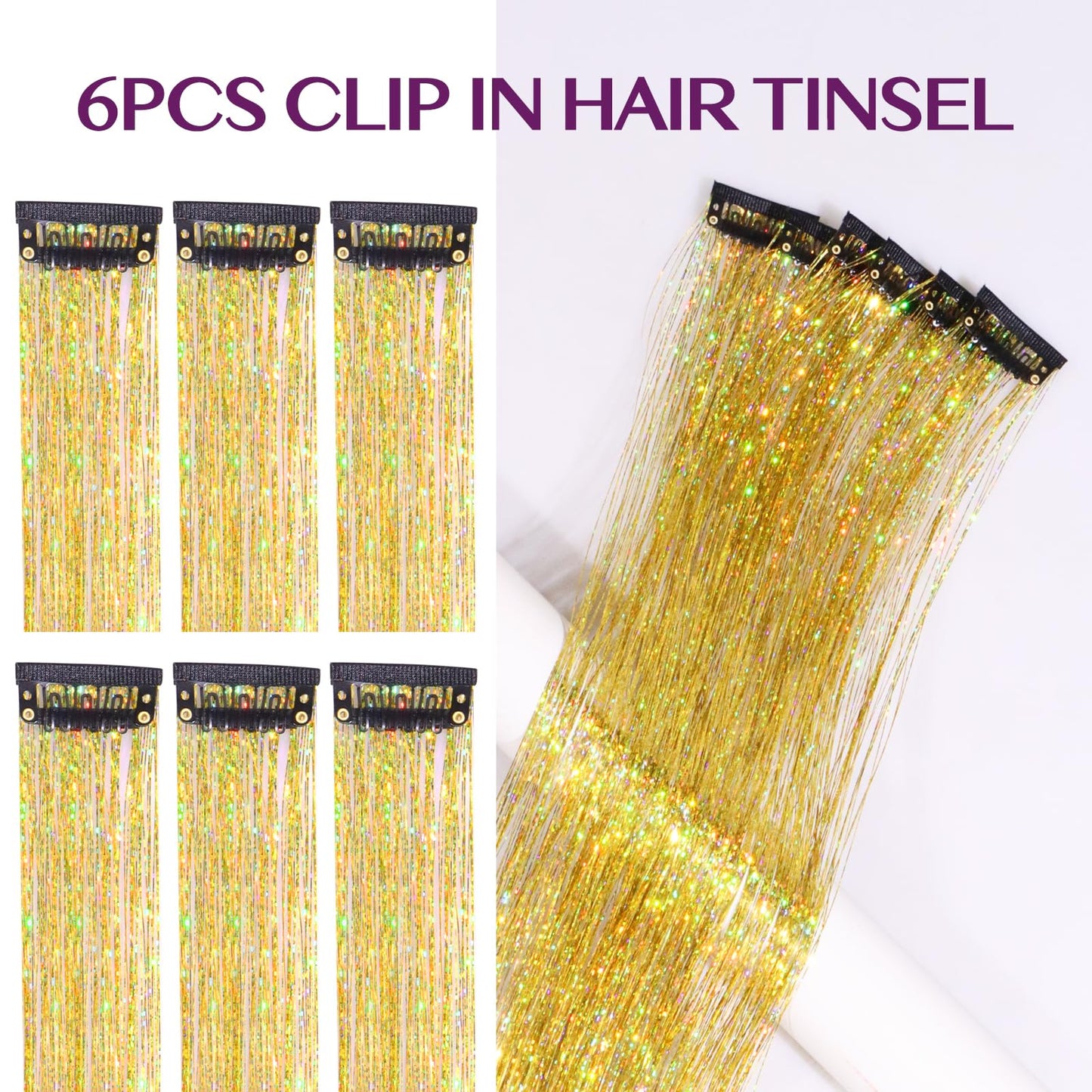 IDN BEAUTY Hair Tinsel Clip In Gold Sparkle Hair Extensions 24 Inch 6pcs
