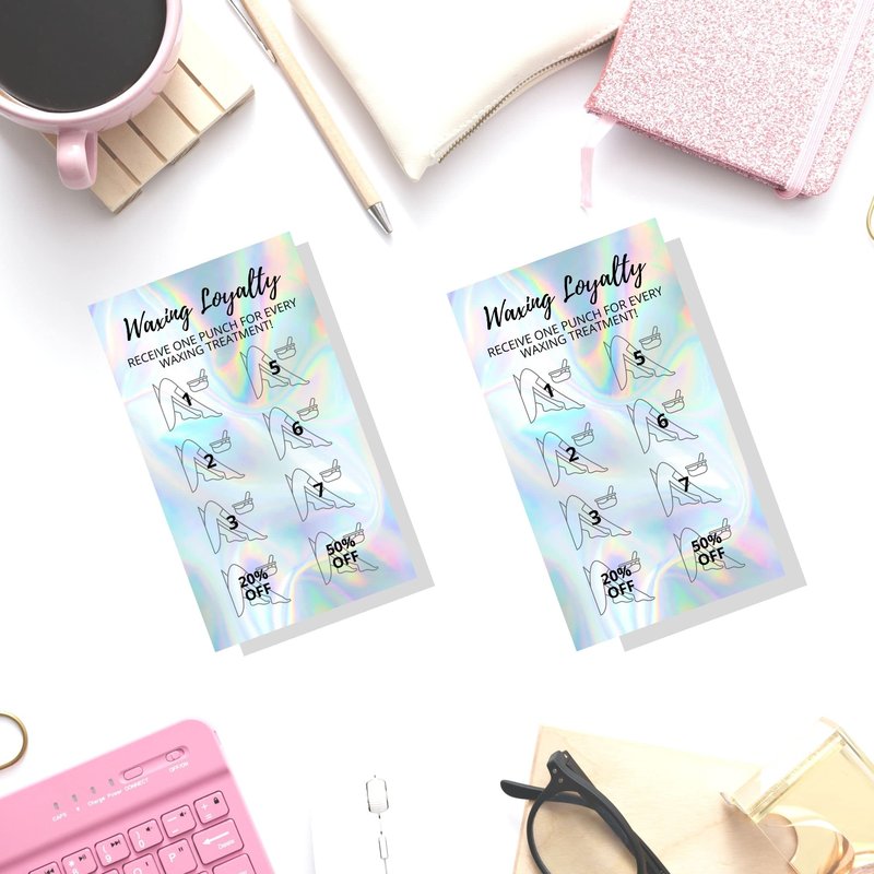 Waxing Loyalty Cards | 50 Pack | Size 2 x 3.5” inches Business Card Size | Wax Skin Business Estheticians | Non-Reflective Matte Holographic Look Design