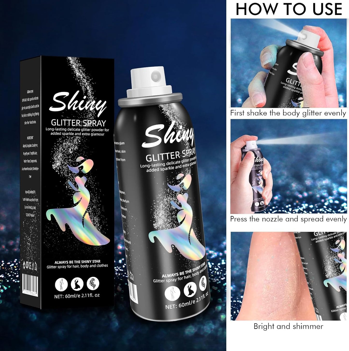 Body Glitter Spray - Long-Lasting Silver Glitter for Hair & Body | Quick-Drying 2.11 Fl Oz for Festivals & Raves