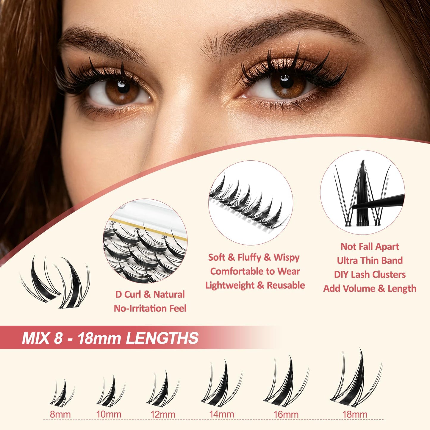 LAVONE Lash Clusters Kit, 140pcs D Curl DIY Individua Lashes, Waterproof Cluster Eyelash Extensions with Bond & Seal, Eyelashes Remover, Tweezers, Eyeliner and Eyebrow Pencil (WW007, 8-18mm)