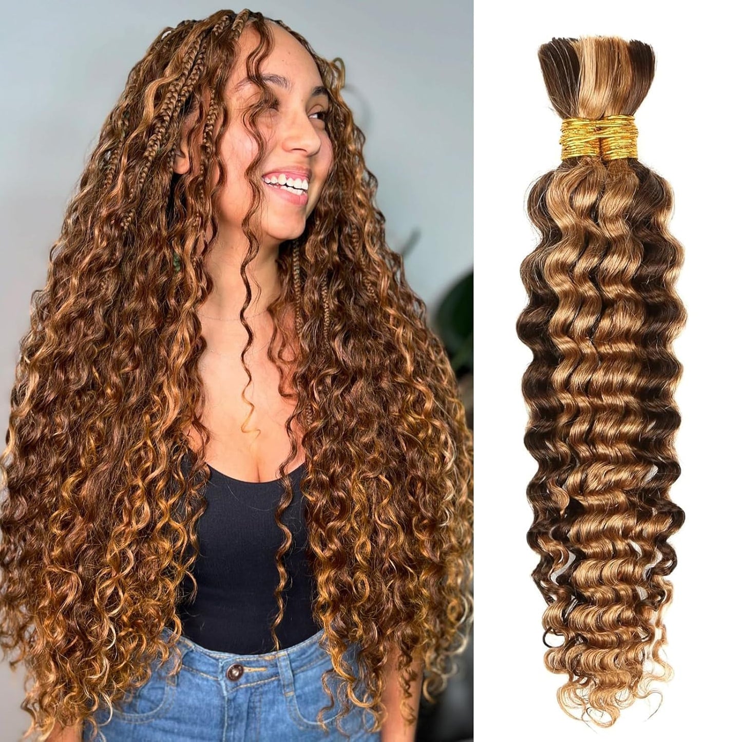 Human Braiding Hair - 14 Inch Ombre Highlight Deep Wave Bulk Extensions | Curly Bundles for Knotless Braids (4/27)