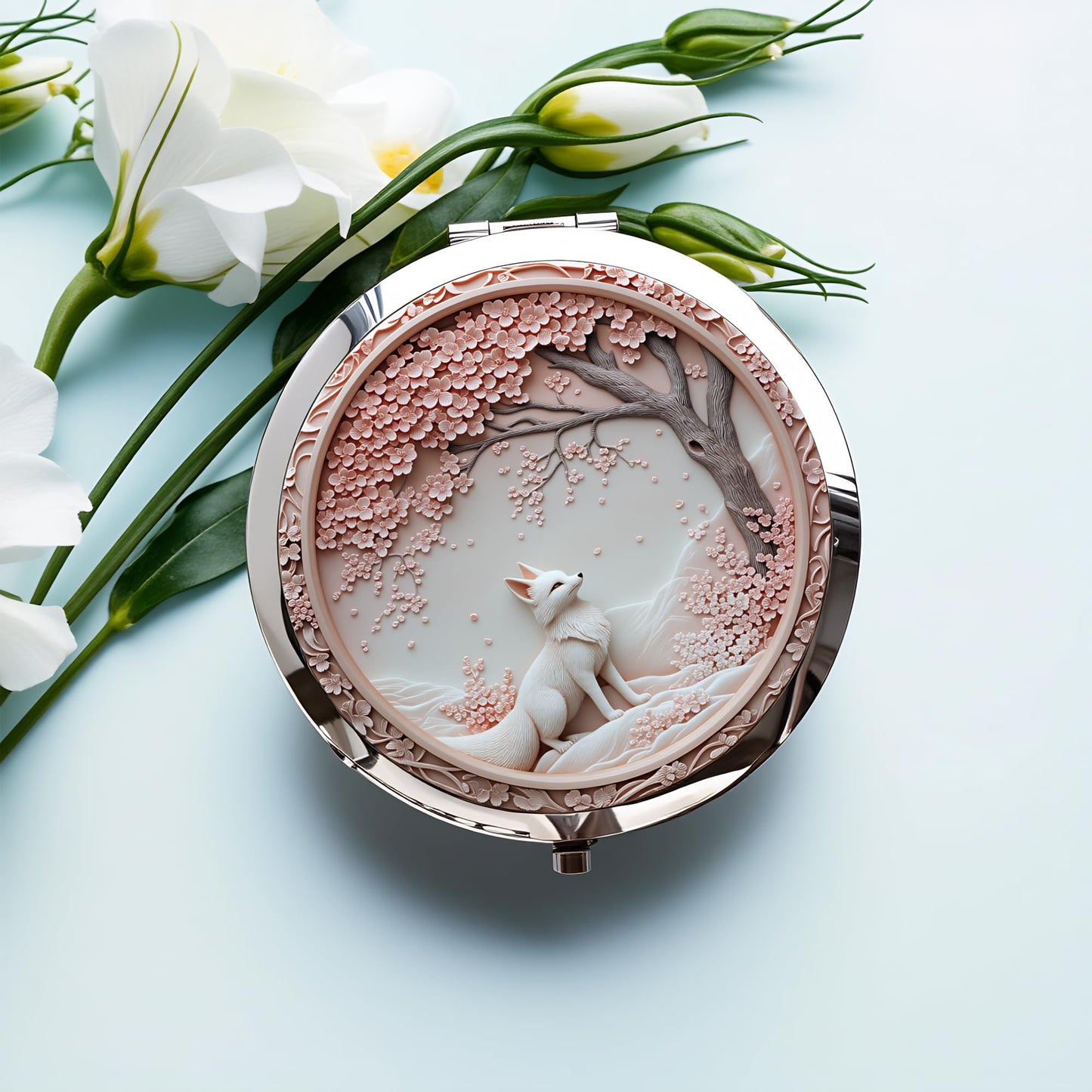 Silver Compact Mirror, 2.8x2.8inch Double-Sided Folding Makeup Mirror with Cherry Blossom White Fox Design, Ideal Gift for Women