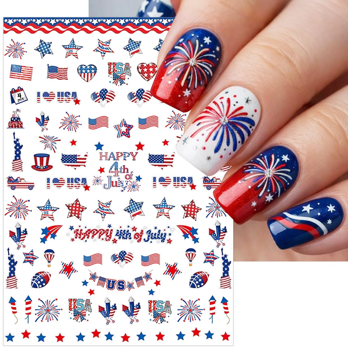 6 Sheets 4th of July Nail Stickers for Nail Art 3D Self-Adhesive Independence Day Nail Decals American Flag Stars Letters USA Nail Art Stickers Fourth of July Nail Design Nail Art Supplies for Women