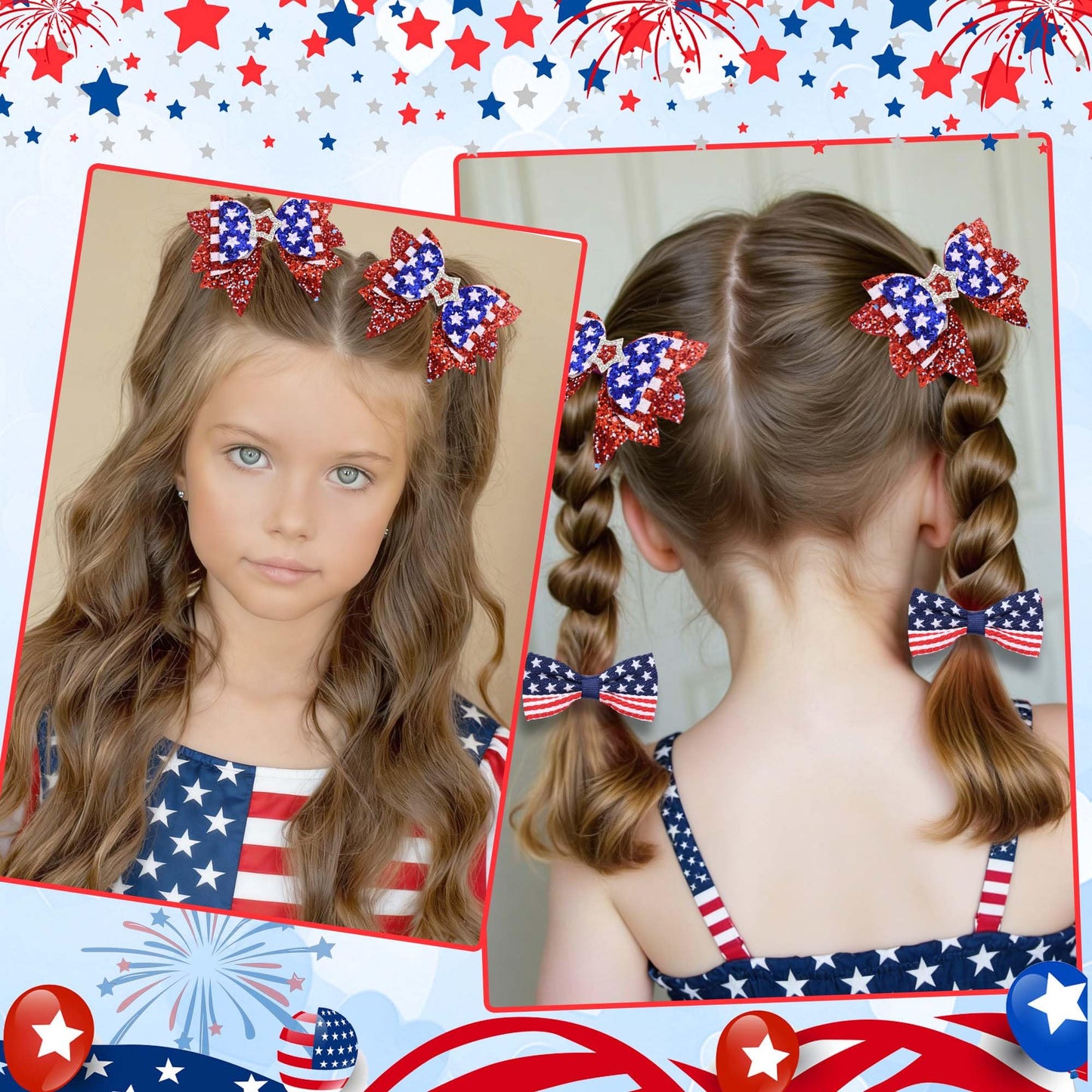 FARSYOD Fourth of July Hair Bow Glitter Patriotic Bows American Flag Print Bowknot Barrettes Sparkly Red White Blue Hairpin Cute Hair Accessories for 4th of July Independence Day