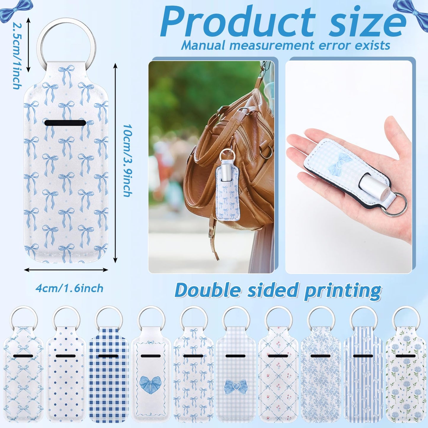 Ctosree 20 Pcs 20 Pcs Coquette Bow Lipstick Holder Keychain Gifts Bulk Coquette Lip Balm Holder Keychain Bow Birthday Party Favors (Elegant Style,Blue)