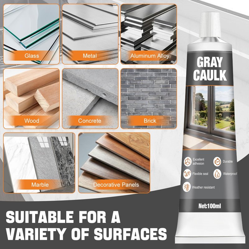 kuailaya Gray Caulk, Gray Silicone Caulk Grey Caulk Grey Caulking Waterproof Strong Elastic Adhesive Durable Excellent Sealing Ability for Bathrooms Kitchen Sinks Doors and Windows, 100ml