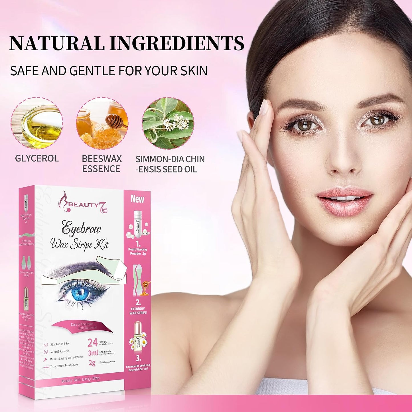 Hair Removal Kit - Eyebrow Wax Strips with Pearl Powder & Essential Oil | 24 Strips for Sensitive Skin