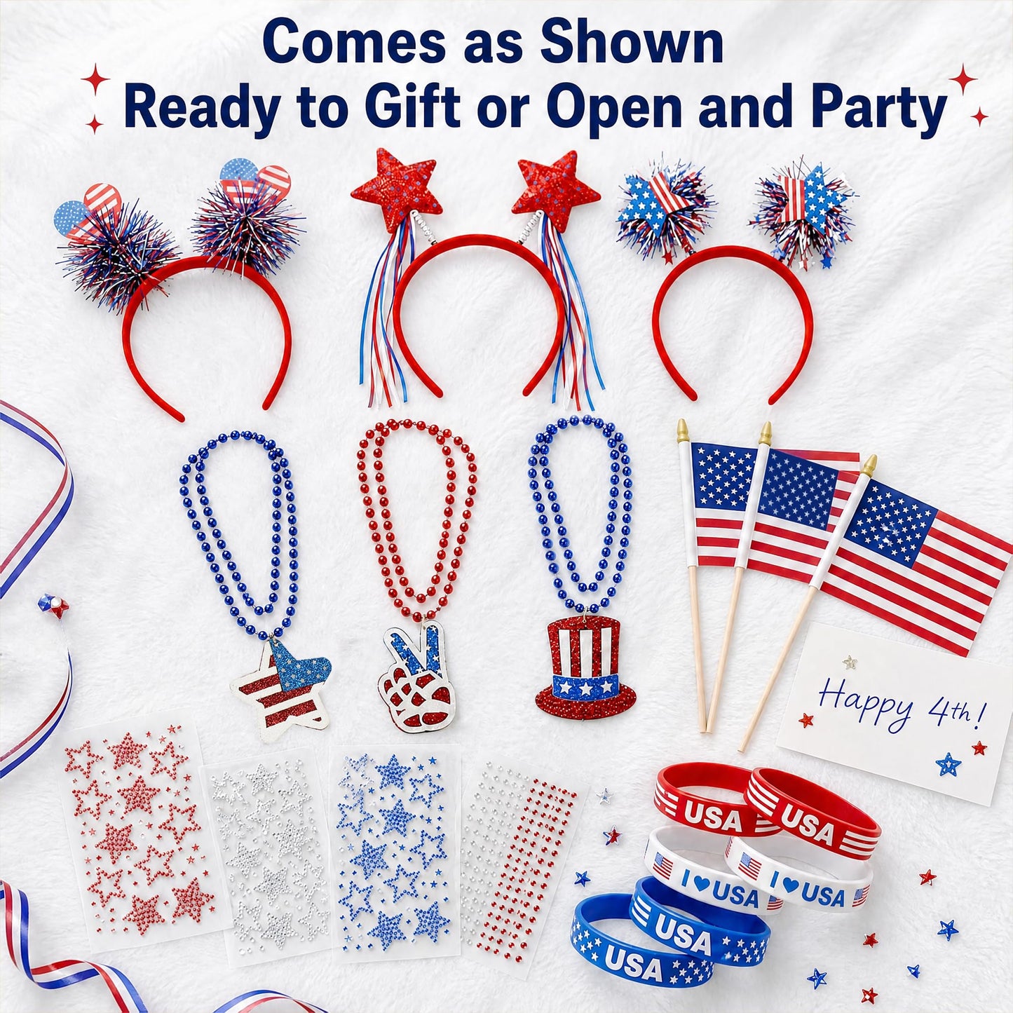 VOCOSTE 16Pcs Red White and Blue Accessories, 4th of July Accessories for Family Groups Memorial Day Party Favors Supplies, Include Patriotic Headband Necklaces Wristband USA Flag Star Face Gems