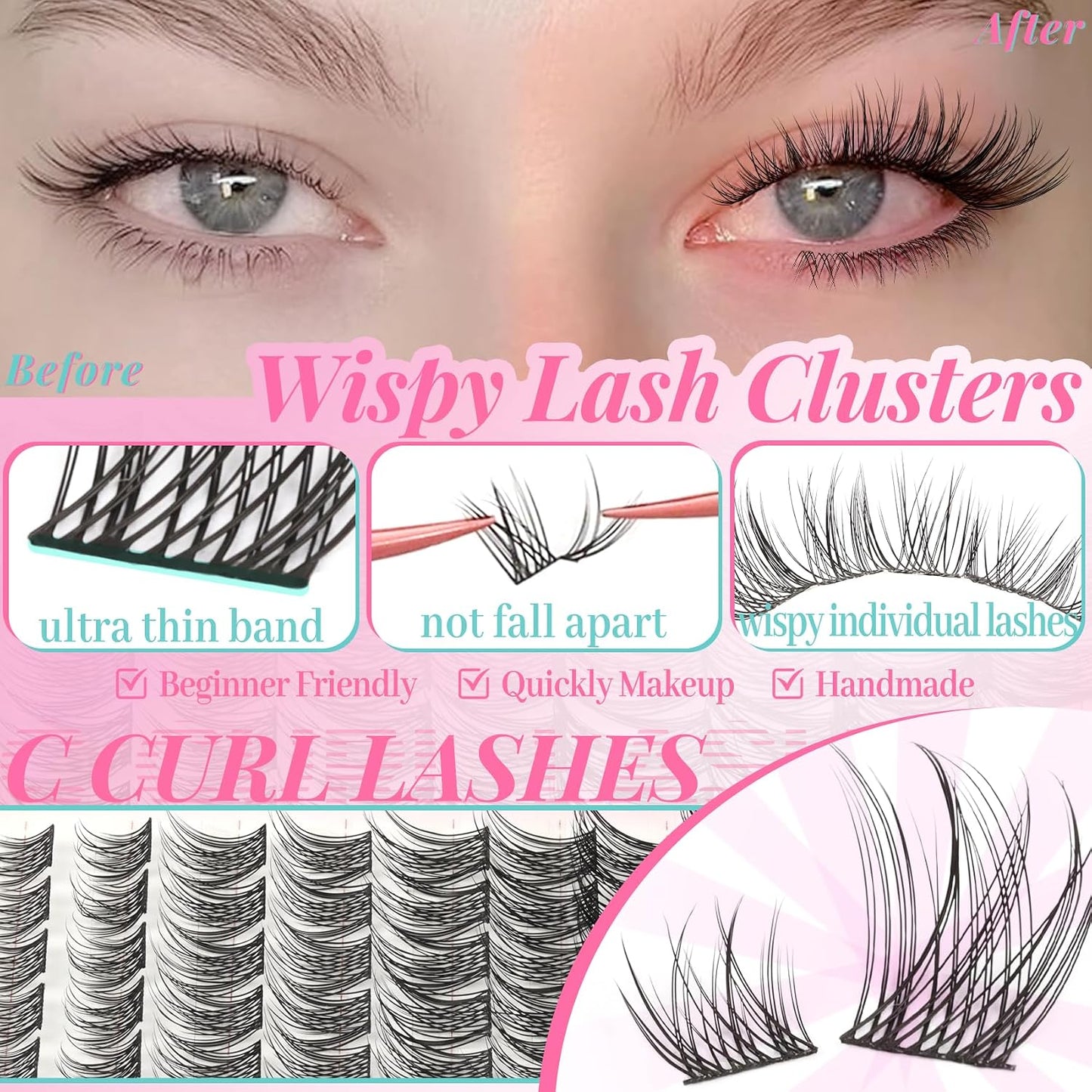 Wispy Natural Cluster Eyelash Extensions - 180pcs C Curl 8-16mm Individual Fake Lashes | Ultra Thin Band for DIY Use