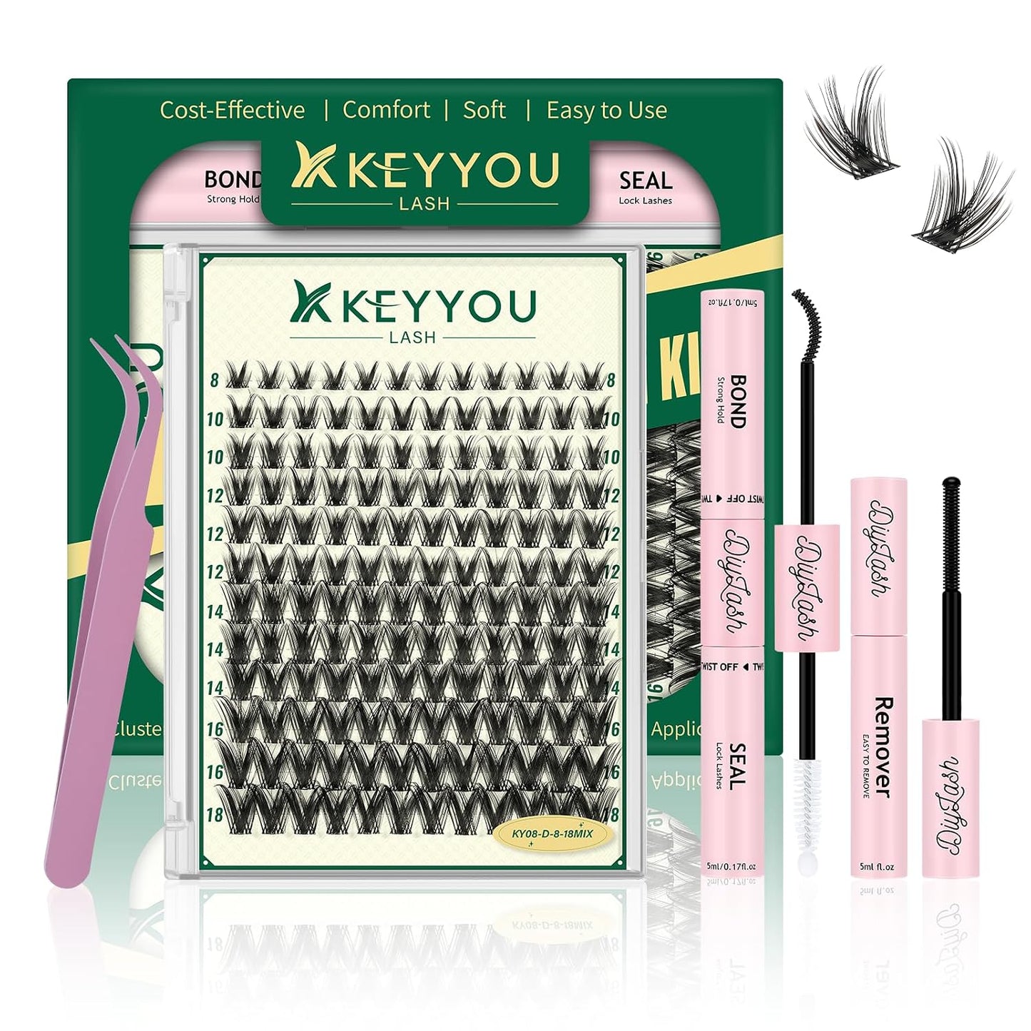 KEYYOU 3D Eyelash Clusters - 280pcs Wispy Volume Lashes | 80D D Curl, 9-18mm Mix