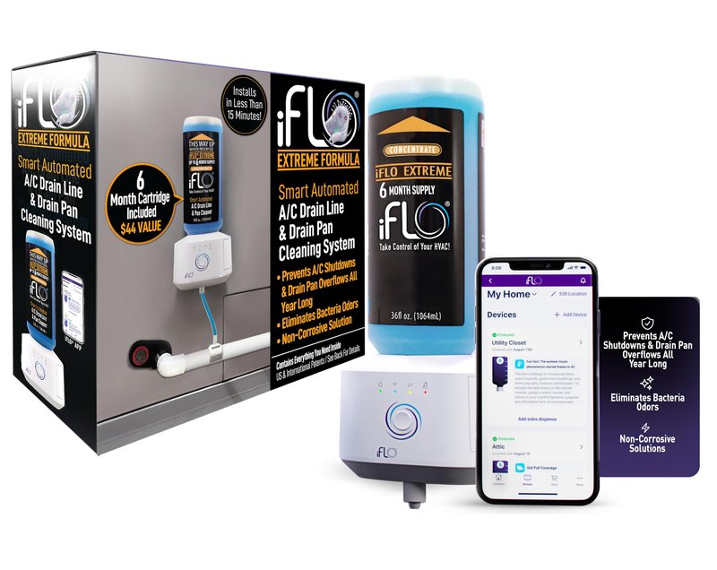 iFLO® Smart A/C Drain Line and Drain Pan Cleaner for HVAC System, Clog-Free, Easy Installation & App-Controlled Air Conditioner Maintenance, Includes 36oz Cleaner Cartridge Concentrate, 6 Month Supply