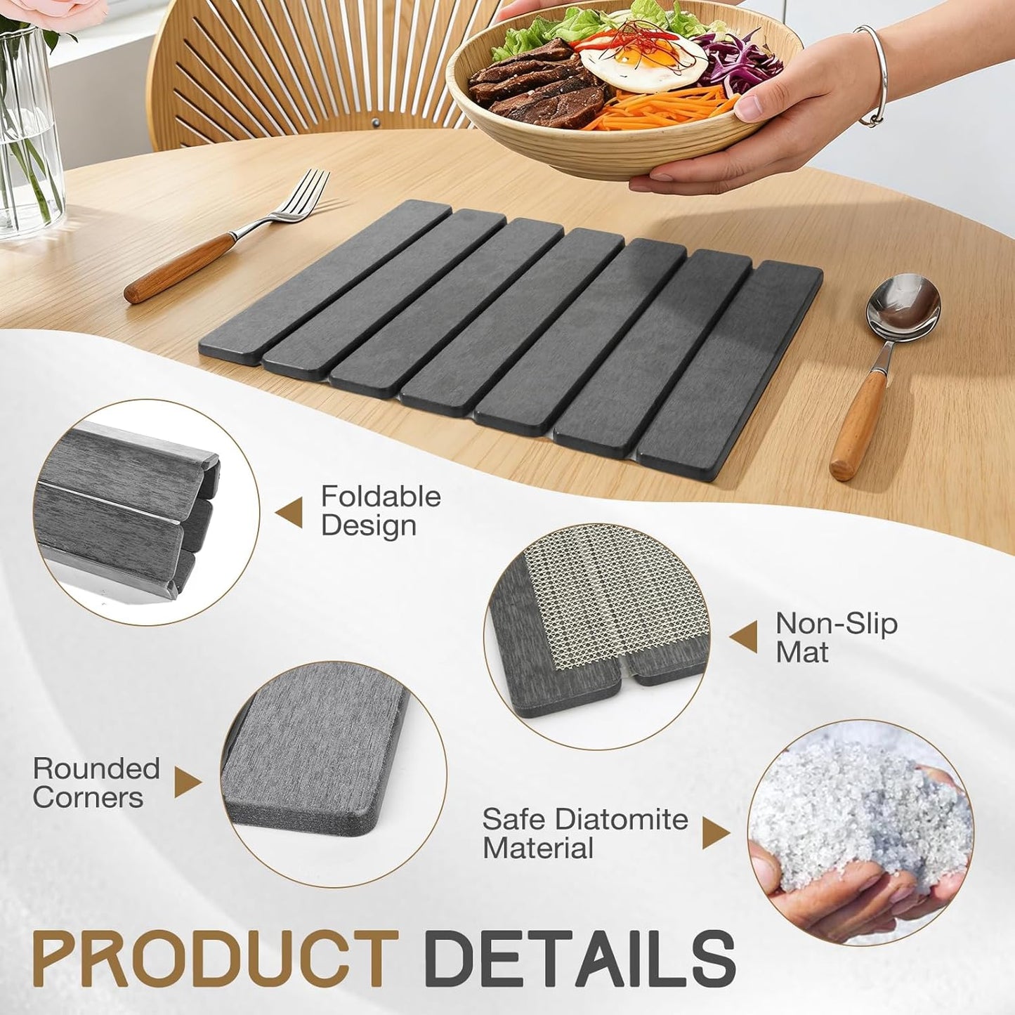 Stone Drying Mat - Quick Dry Diatomaceous Earth Dish Mat for Kitchen | 16" x 12" Foldable Pad