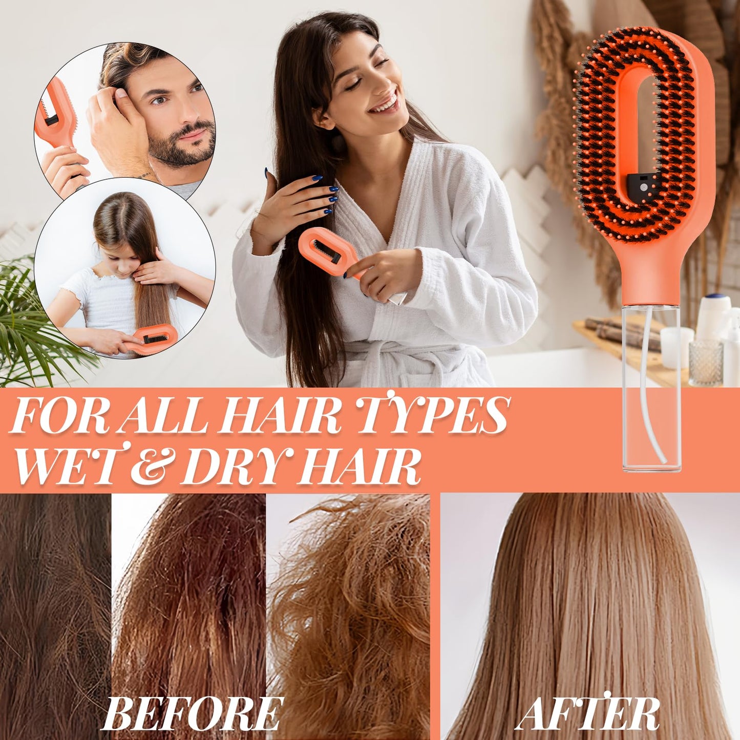 Anti-Frizz Hair Brush with Water Spray, Fine Mist Detangling Brush for Dry, Thick & Damaged Hair, 2-in-1 Wet & Dry Styling Brush with Built-In Water Reservoir(1, Orange)
