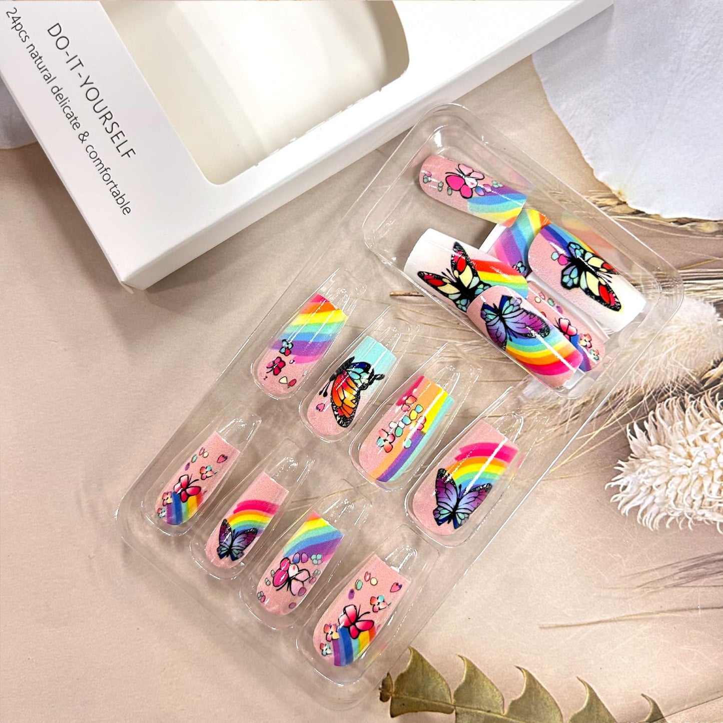 Butterfly Press-On Nails - Medium Length Rainbow Stripe Design | Colorful Square Acrylic Coffin Nails, 24 Pcs