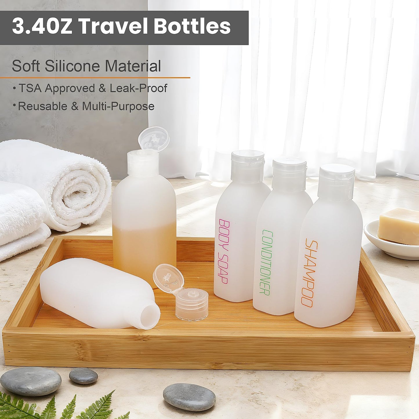 Cosywell Travel Bottles for Toiletries 5 Pack 3.4oz Pre-Printed Shampoo, Conditioner & Body Soap - Soft Touch HDPE Travel Size Containers TSA Approved Leak Proof Squeezable Toiletry Bottle(White)