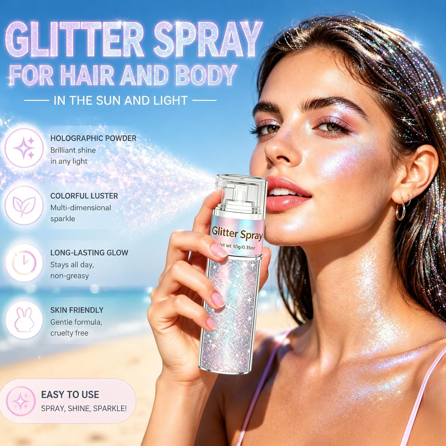 Holographic Hair & Body Glitter Spray - Ultra-Fine Silver-Rainbow Resin for Festivals, Raves & DIY Crafts