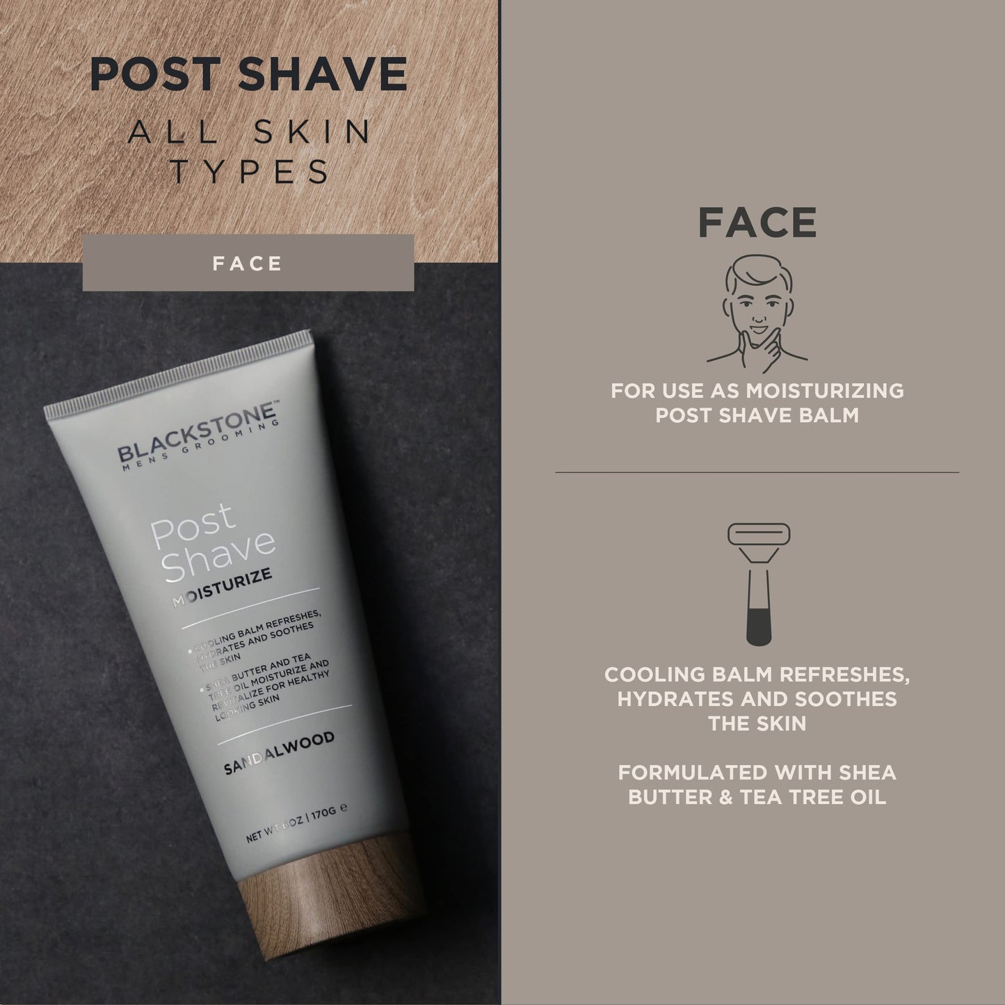 Blackstone Men's Grooming Post Shave Moisturizer with Tea Tree Oil, Shea Butter, Vitamin E, & Aloe | Soothing Cooling Balm | & Paraben Free | Sandalwood (6 oz)