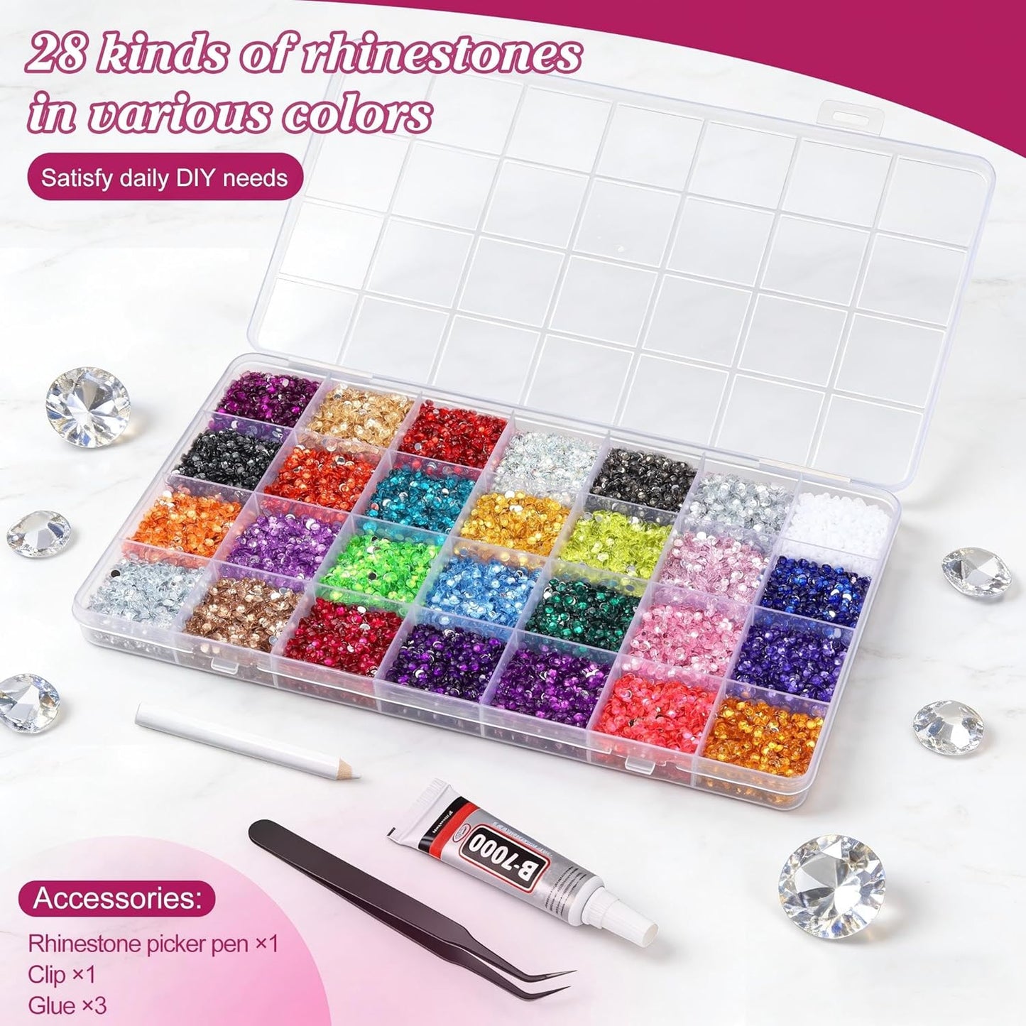 32000 Pcs Resin Rhinestones - 3mm Multicolor Glitter Kit for DIY Bedazzling | Includes 3 Pcs B7000 Jewelry Glue
