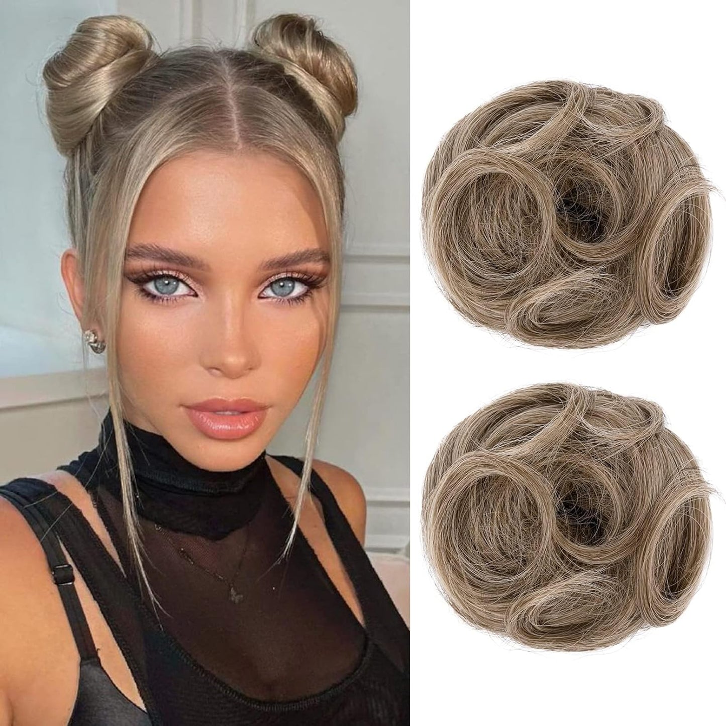 REECHO Mini Claw Clips - Messy & Cat Ears Hair Bun Extensions | 2-Pack, 3.5" Wavy, Natural Black