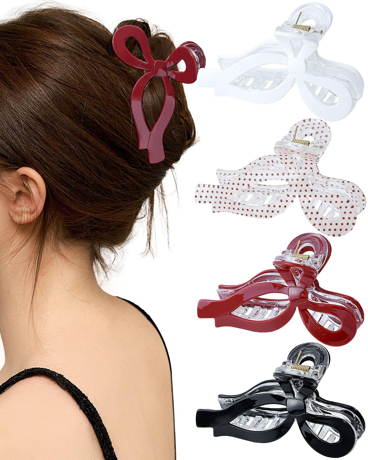 Bow Hair Claw Clips - 4 Pack Nonslip Large Grip for Women | Strong Hold Hair Jaw Clamps in Black, Burgundy, White, Red Polka Dots
