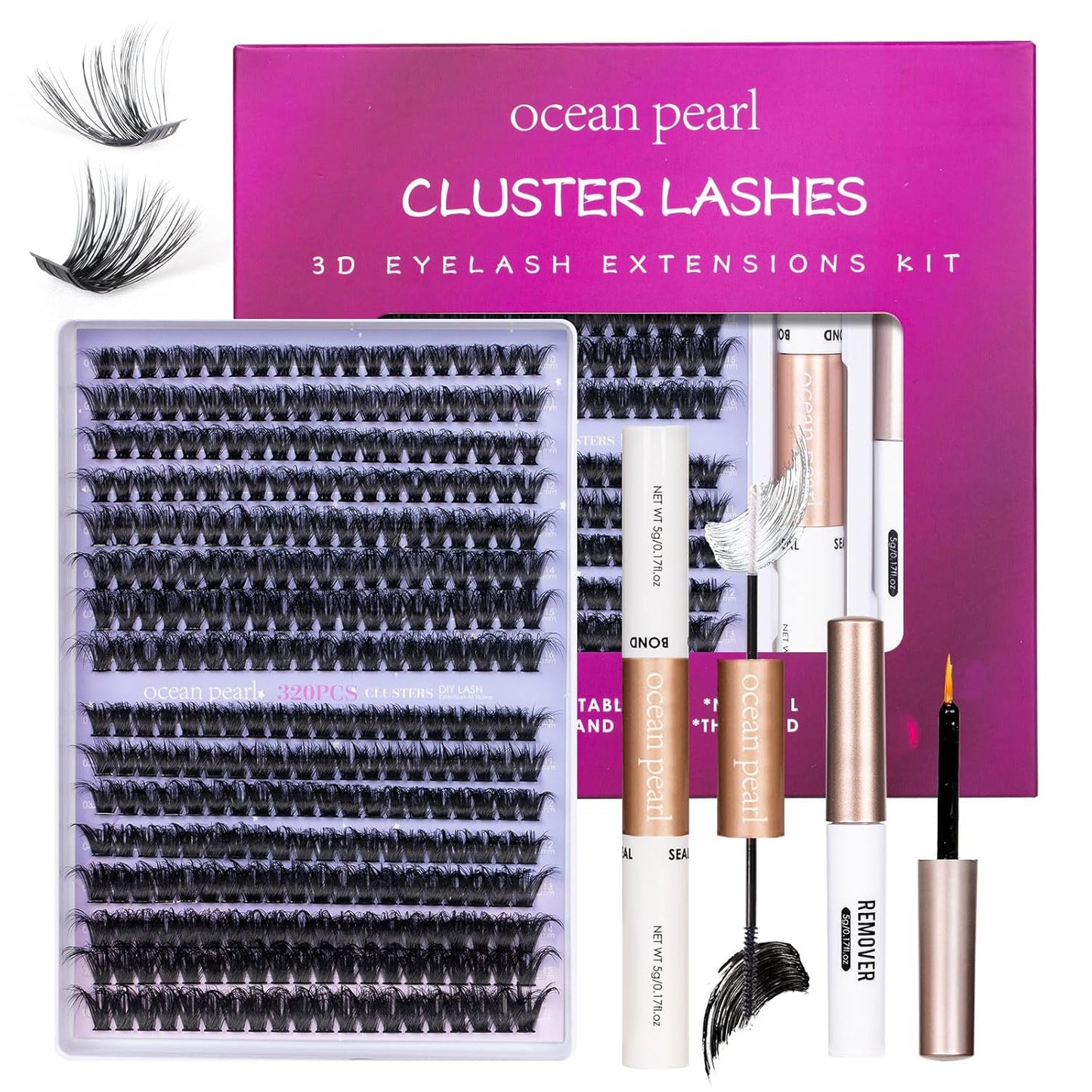 Ocean Pearl Lash Clusters - 320 Pcs 11-20mm Eyelash Extension Kit | 40D, 50D, 100D with Adhesive & Tweezers