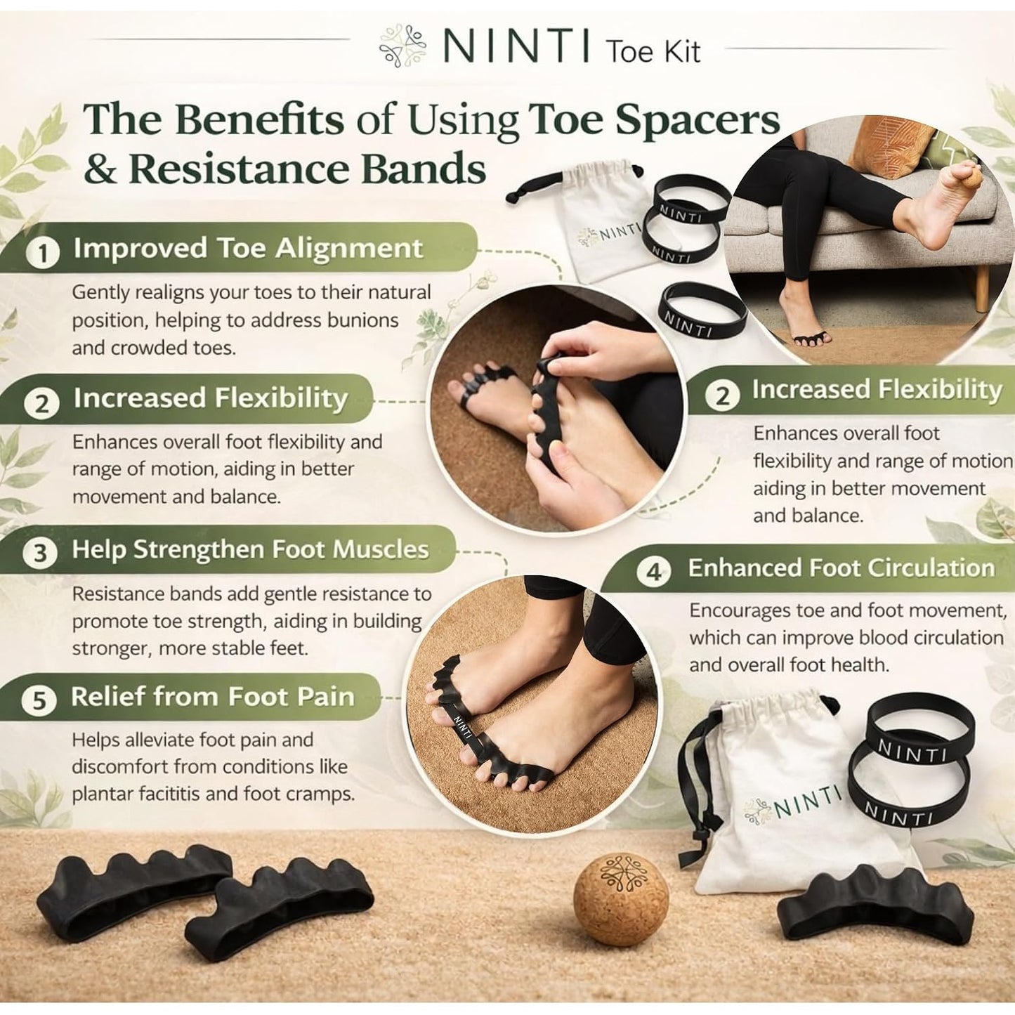 Toe Spacer Kit with Resistance Band & Massage Ball - Silicone Separators, Cork Ball, Cotton Bag | Bunion Corrector & Toe Splay Improver