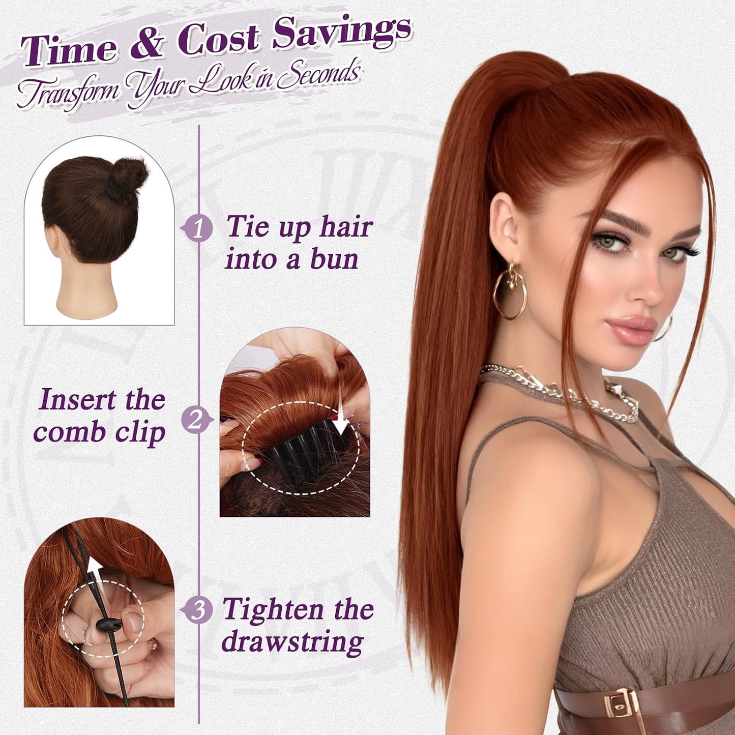 Auburn Straight Drawstring Ponytail Extension - 22 Inch Soft Synthetic Hairpiece for Natural Look | Thick Copper Ponytail